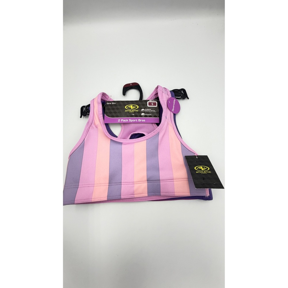 Athletic Works Girls 2 Pack Reversible Sport Bras Pink Purple Striped S-M 8-10